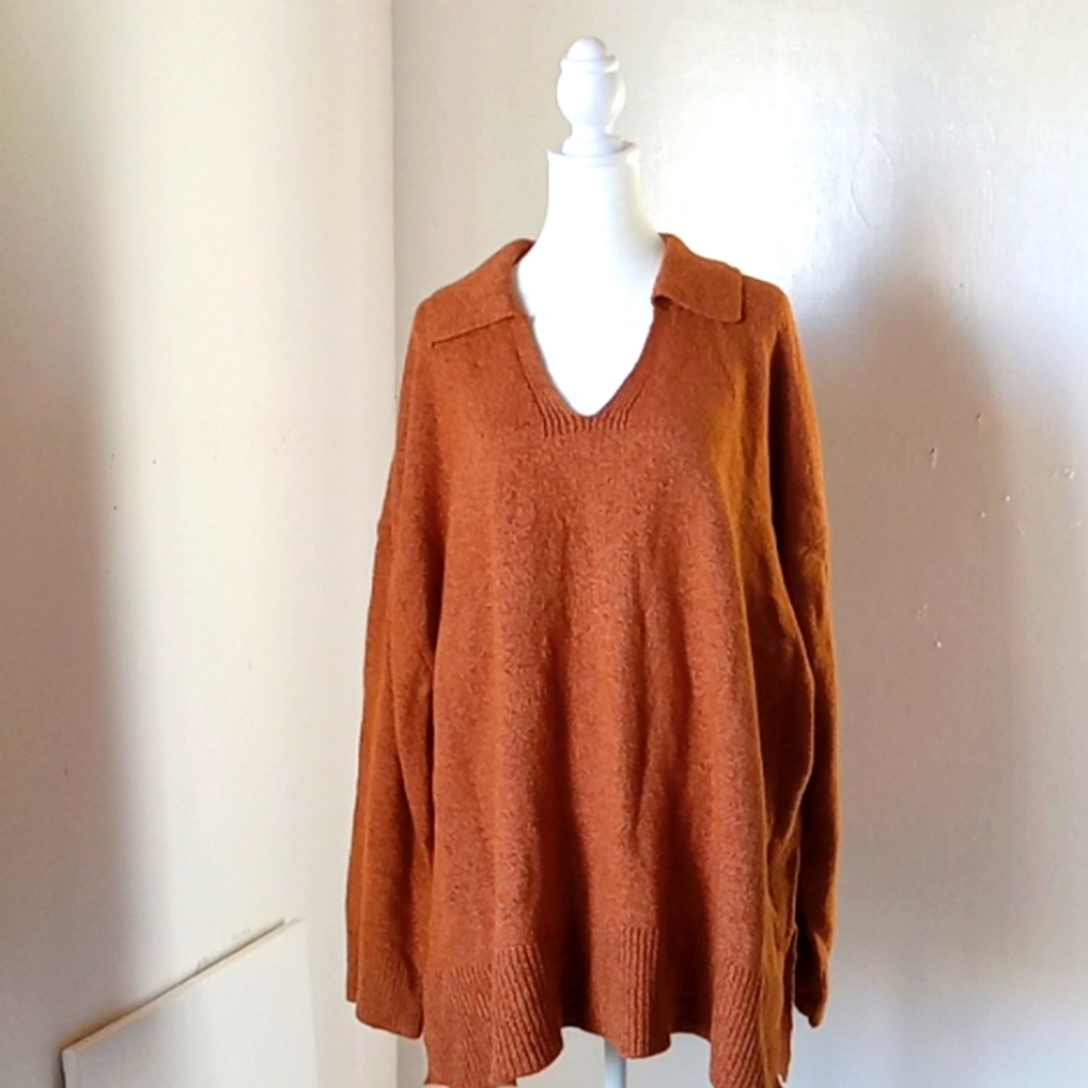 Ava & Viv Women's V-Neck Sweater Polo Size 3XL Brown Terracotta